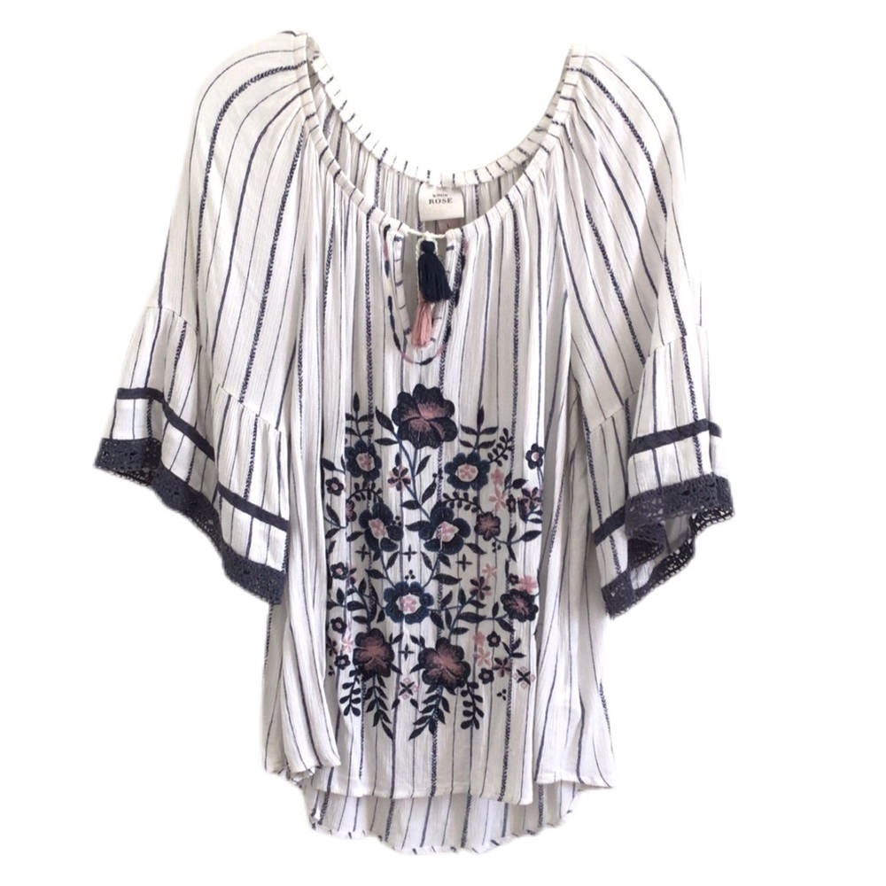 KNOX ROSE White Navy Striped Embroidered Peasant Top